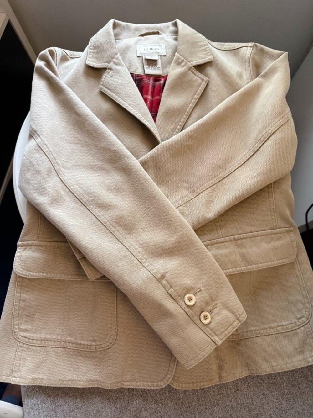 LL Bean Women's S Petite Cotton Canvas Field Blazer Jacket Plaid Lined Tan BCV5